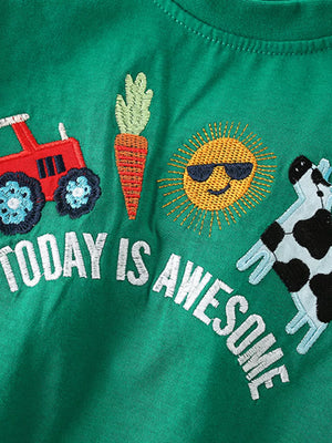 Green cotton blend toddler t-shirt with embroidered farm theme: tractor, carrot, sun, cow, and text.