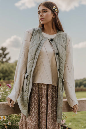 Sage quilted vest coat with patch pockets and round neckline, worn over a cream sweater and floral skirt.