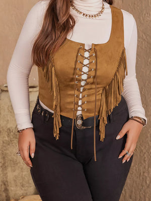 Caramel faux suede vest with fringe and lace-up front detail.