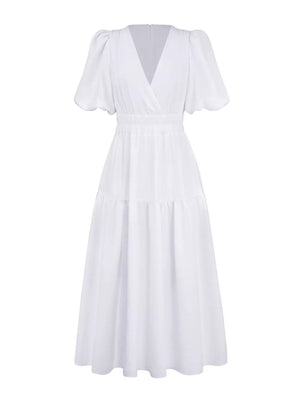Elegant Puff Sleeve V-neck Midi Dress in Black, view 21