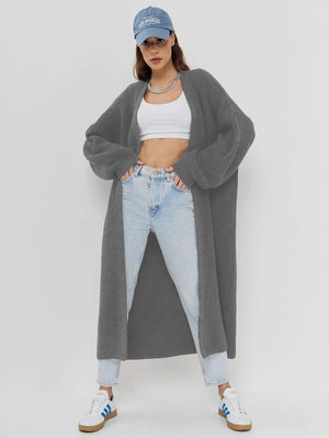 Oversized ribbed knit maxi cardigan in gray with balloon sleeves and an open front.