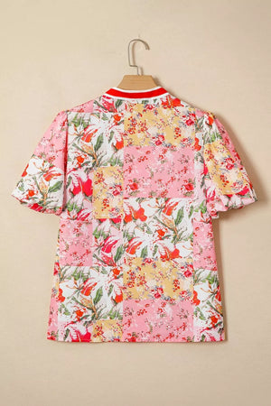 Contrast Collared V Neck Short Sleeve Floral Blouse in Floral, fabric detail