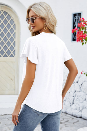 White V-neck flutter sleeve blouse with pleated details.