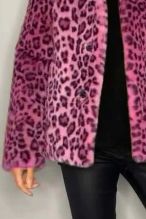Leopard faux fur collar coat in pink with black animal print, featuring a button front and lapel.