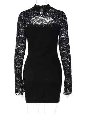 Black lace cutout mini dress with long sleeves and mock neck.