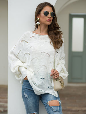White scalloped knit sweater with boat neck and balloon sleeves