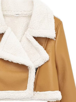 Brown cropped aviator jacket with white shearling trim and collar