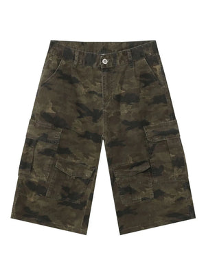 Camo culotte cargo shorts in green camouflage with multiple pockets.