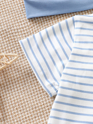 Baby bodysuit set with blue and white stripes and a solid blue top.