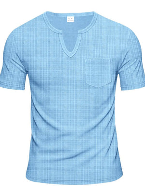 Pastel blue textured notch neck tee with short sleeves and a chest pocket.