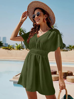 Matcha green shirred waistline flutter sleeve mini dress with V-neck
