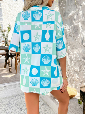 Coastal Tile Print Co-ord Set in multicolor with seashell and starfish pattern, short sleeves, button-up shirt.