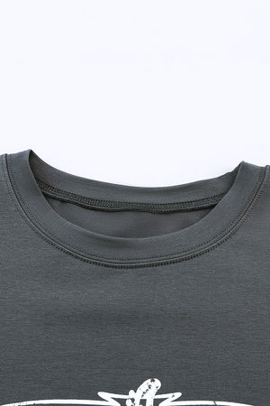 Mid gray cotton graphic tee with relaxed fit and crew neck.