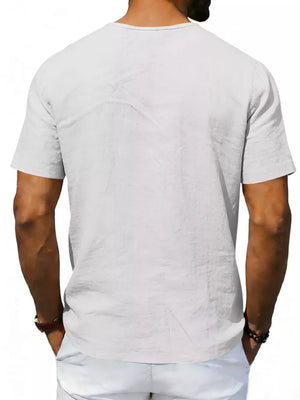 Men's gray V-neck linen tee, short sleeves, relaxed fit, breathable fabric.