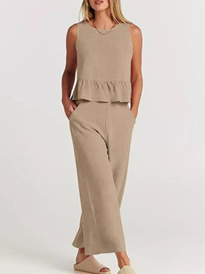 Ruffled Hem Sleeveless Top And Wide-leg Pants Set Plus Size in Black, view 17