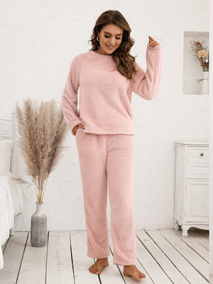 Plush raglan sleeve lounge set in watermelon pink with crew neck and elastic waist pants.