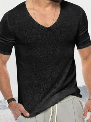 Black textured knit v-neck tee with short sleeves.