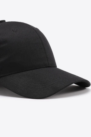 Black cotton twill baseball cap with curved brim and stitched details.