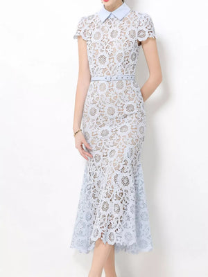 Light blue floral lace midi dress with cap sleeves, collar, and studded belt