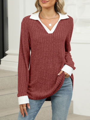 Ribbed knit long sleeve t-shirt in Rust Red with white collar and cuffs, V-neck.