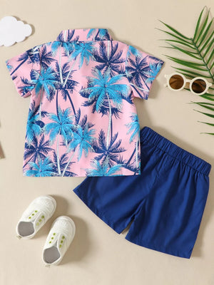 Baby boys pink tropical palm tree print shirt and blue shorts set