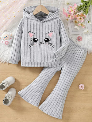 Children's Ribbed Knit Hooded Top And Pants Set in Light Gray, front view