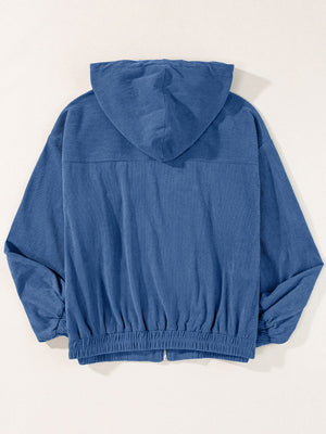 Dusty Blue corduroy relaxed fit zip-up hoodie with elastic cuffs and hem