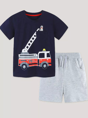 Navy cotton t-shirt with fire truck graphic and grey shorts set for boys