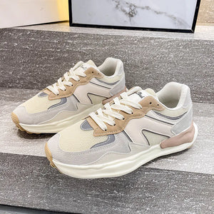 Panelled retro runner sneakers in beige and cream with suede and mesh details.