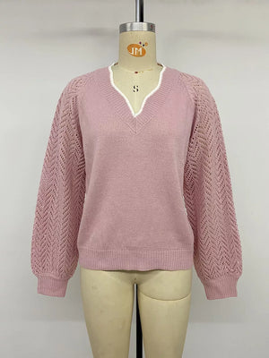 V-neck Openwork Long Sleeve Sweater, front view