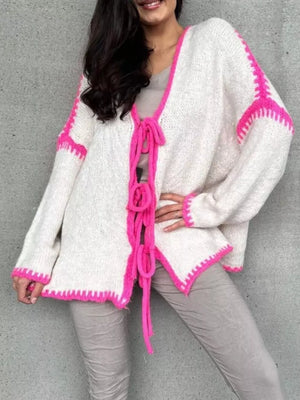 Tie Front Drop Shoulder Cardigan in White, editorial view