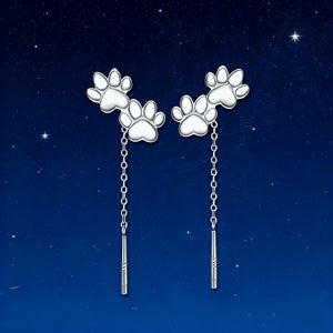 Silver paw print drop earrings with chain detail