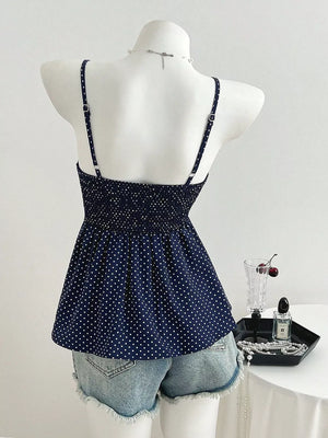 Polka Dot Peplum Cami in Navy, close-up detail