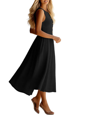 Black sleeveless button front flowy midi dress with a-line cut