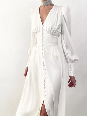 Elegant V-neck Puff Sleeve Button-down Midi Dress in White, side view