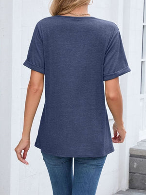 Navy blue v-neck t-shirt with cuffed short sleeves and a relaxed fit.
