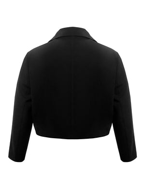Black cropped military blazer with sculpted shoulders and a classic collar.