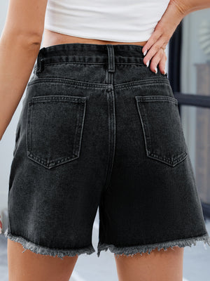 Black denim shorts with frayed hem and split front detail.
