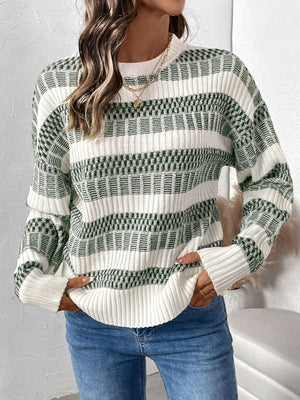 Chic contrast knit pullover sweater in sage with striped pattern and crew neck.