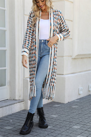 Chromatic crochet maxi cardigan with fringe in Multi color, acrylic material, open front, long sleeves, and fringe hem.