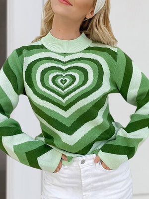 Light green mock neck sweater with heart stripe pattern and long sleeves