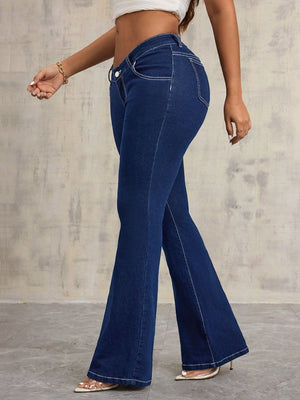Dark wash denim flare jeans with contrast stitching and a high waist.