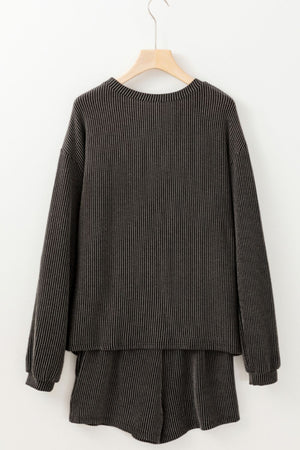 Dark gray ribbed lounge set with a graphic baseball detail, crew neck, and long sleeves.