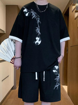 Men's Full Size Panda Bamboo Print Tee And Shorts Set in White, close-up detail