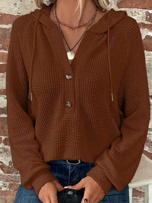 Waffle Knit Hooded Top With Drawstring in Beige, fabric detail