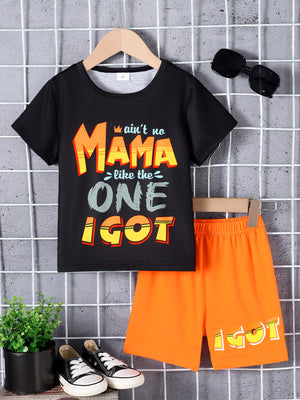 Black graphic tee with "Mama" text and orange shorts set for boys.