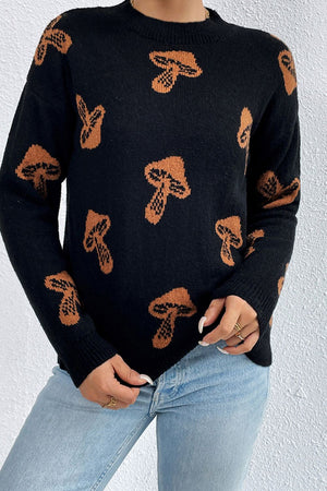 Black acrylic mock neck sweater with allover brown mushroom motif
