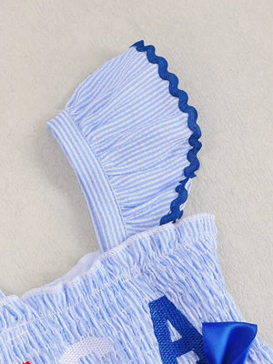 Children's Usa Themed Ruffled Sleeve Smocked Jumpsuit in Blue, back view