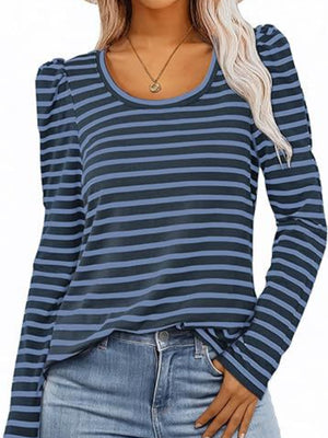 Breton stripe tee in Peacock Blue with puff sleeves and scoop neck.