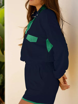 Navy and green color block cotton two-piece set with buttoned collar and chest pockets.